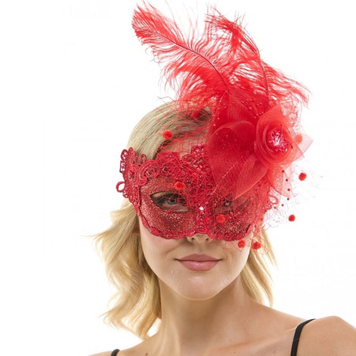 Red Lace Feather Mask