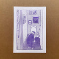 Shit Happens. An art print by Banksia Creative and Bright Press. The print is A4 sized and features Basil the border collie hanging out in front of the toilet. Above the toilet is a picture frame that has text "Shit Happens" in the frame.