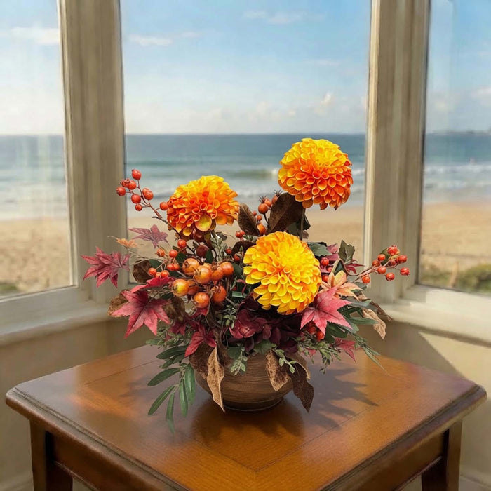 Silk Dahlia & Berries in Copper Planter