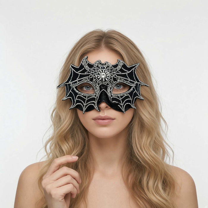 Silver & Black Jeweled Spiderweb Mask - 9" Wide