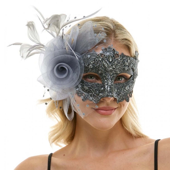 Silver Lace Mask with Rose