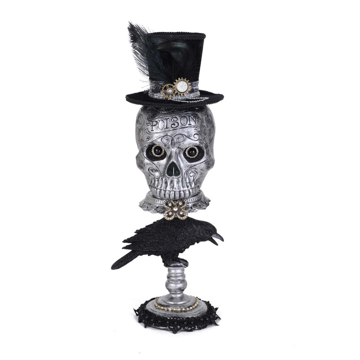 Silver Skull On Pedestal - 20" Tall from the 2026 Moonlight Masquerade Halloween collection at Roger's Gardens