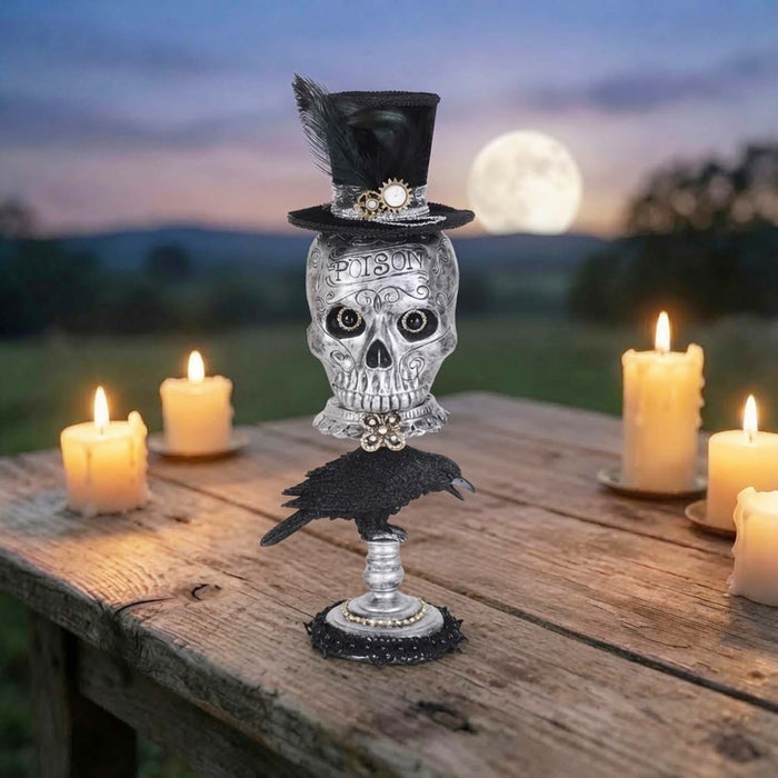 Silver Skull On Pedestal - 20" Tall