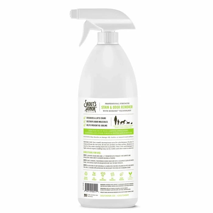 Back of the Skout's Honor pet stain and odor remover bottle showing the directions and ingredient label.