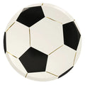 Meri Meri soccer plates on white background with green soccer field and ball graphic