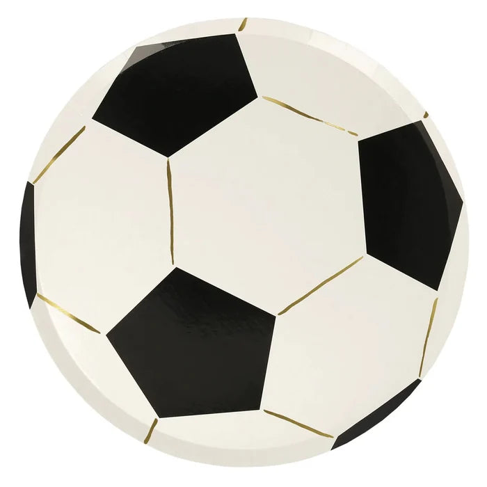 Meri Meri soccer plates on white background with green soccer field and ball graphic