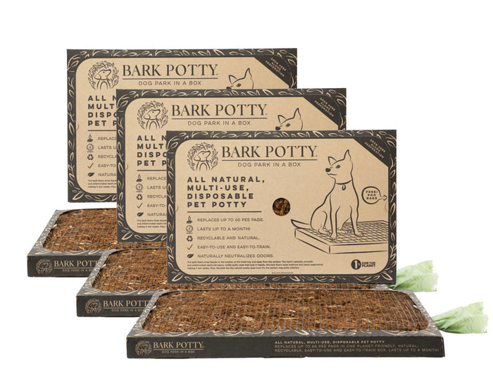 Three Standard Bark Potty disposable pet potty boxes arranged for a subscription bundle on a white background.