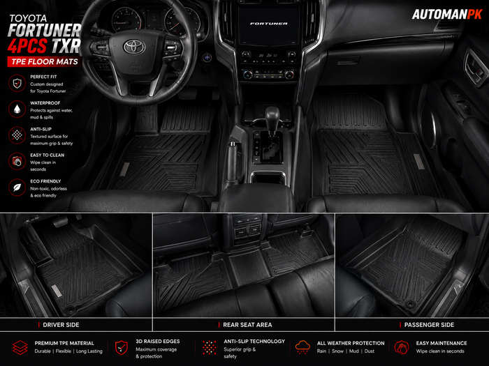 Toyota Fortuner TXR TPE Floor Mats 4Pcs – 2 Front + 1 Rear + 1 Trunk | Waterproof | Custom Fit