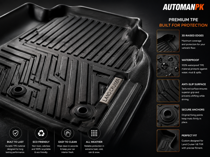 Toyota Land Cruiser V8 TXR TPE Floor Mats 4Pcs – 2 Front + 1 Rear + 1 Trunk | Waterproof | Custom Fit