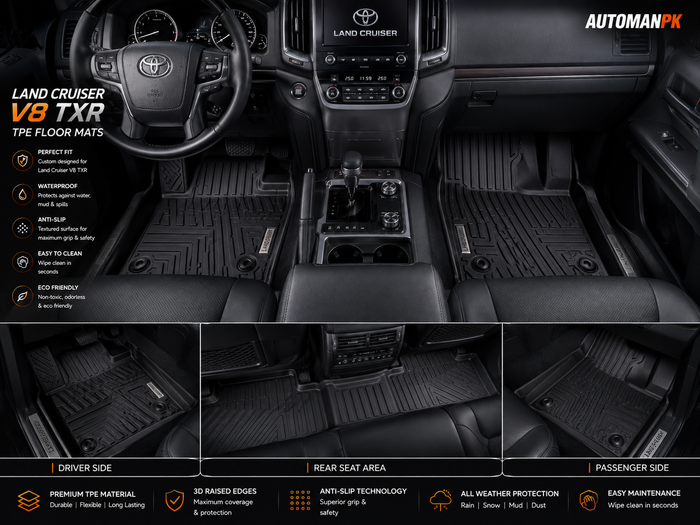 Toyota Land Cruiser V8 TXR TPE Floor Mats 4Pcs – 2 Front + 1 Rear + 1 Trunk | Waterproof | Custom Fit