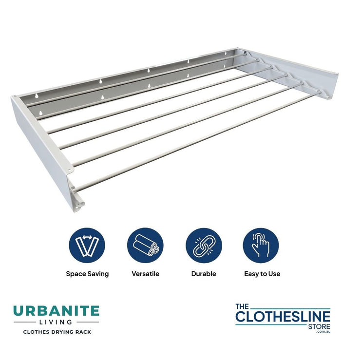 Urbanite Living Drying Rack in the colours white and black. On a white back ground with the text Space saving versatile durable and easy to use.