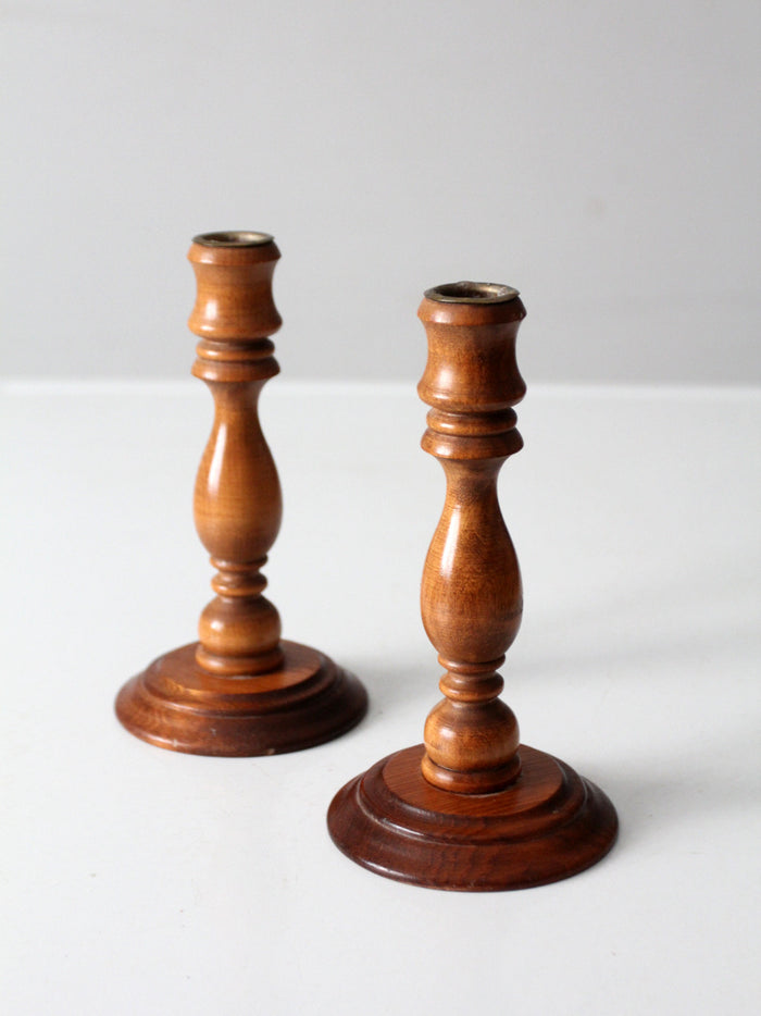 vintage turned wood candlestick pair