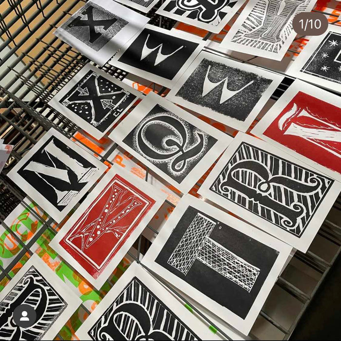 Lino prints produced from Dominique Coiffait's workshop in Wayzgoose 2024.