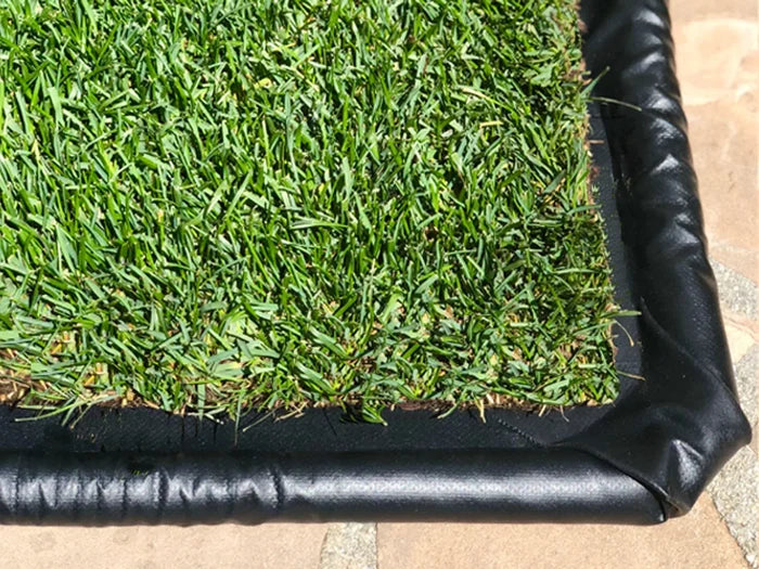 Corner of a black PVC flex-tray holding a real grass dog potty pad on a stone patio.