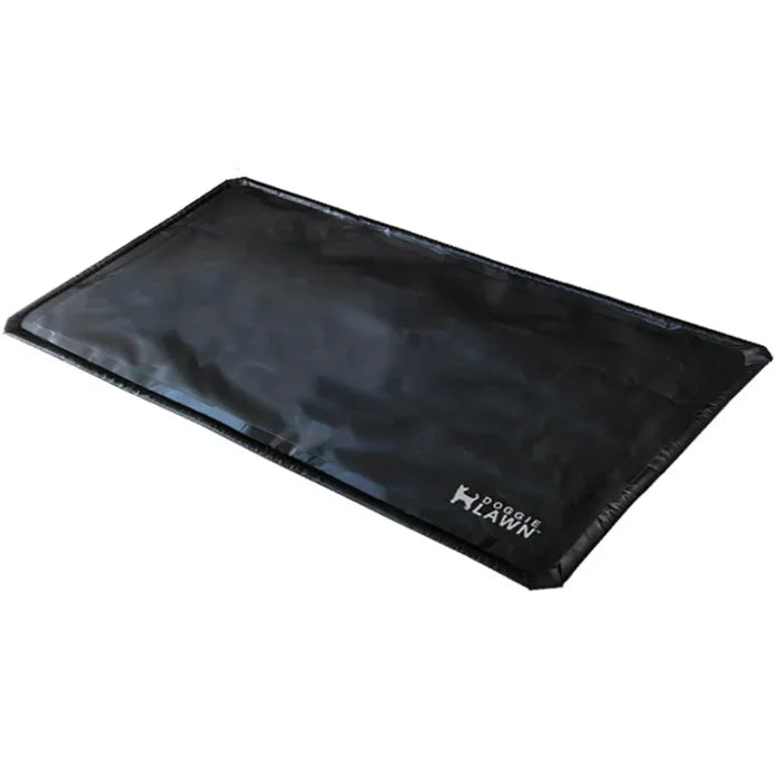 Flexible black PVC puppy potty tray with low edges and DoggieLawn logo in the corner.
